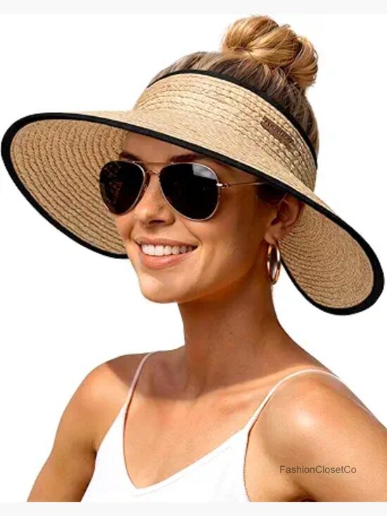 Wide Brim Straw Sun Hat with Ponytail Hole Packable UPF 80+